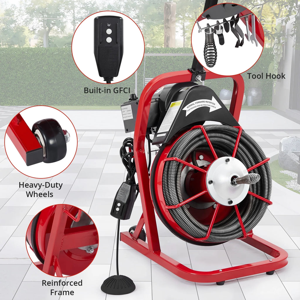 Machine de débouchage Roromall 50 pi/75 pi/100 pi x 3/8 po/1/2 po, furet électrique pour égouts avec 4 coupe-racines, pédale de commande à air, gants