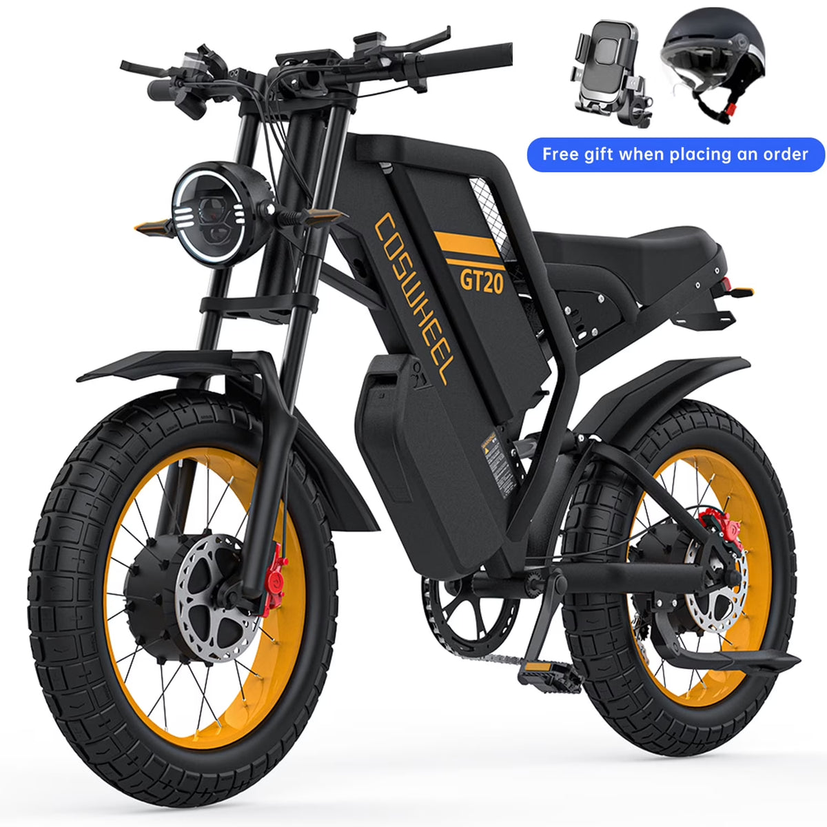 Vélo électrique COSWHE GT20 pour adultes, moto tout-terrain électrique avec moteur de 1 500 W, batterie amovible 48 V/25 Ah, jusqu’à 31 mi/h et 93 miles d’autonomie, moto électrique à 7 vitesses avec pneus larges 20 x 4,0, vélos électriques pour adultes