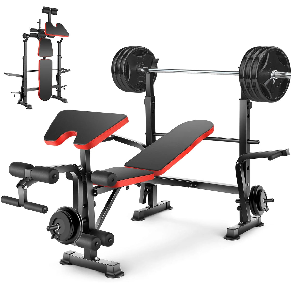 VIBESPARK Banc de musculation réglable 600 lbs Ensemble de banc de musculation pliable 5-en-1 avec Rack à barre, Extension jambes, Pupitre à biceps, Accessoire d'écarté aux haltères, Banc de musculation multifonction