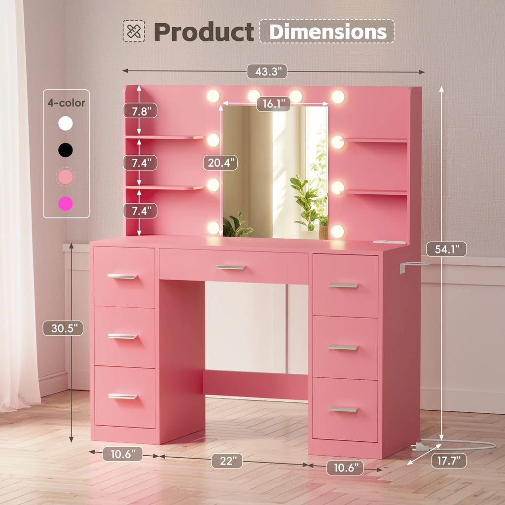 Coiffeuse Lacoo avec miroir et éclairage LED, coiffeuse de maquillage avec 7 tiroirs et 4 étagères, table de toilette avec prise électrique pour chambre ou dressing, blanc
