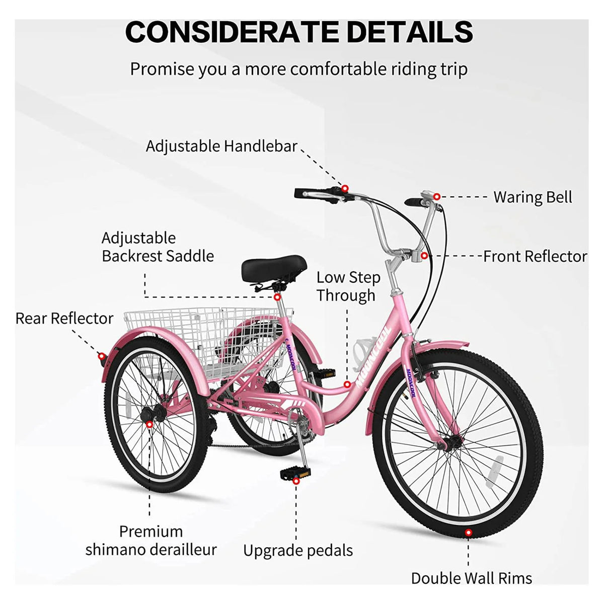 Tricycles pour adultes MOONCOOL avec panier arrière et pompe à pied, vélos à 3 roues 7 vitesses de 24 et 26 pouces, vélo à trois roues pour adultes avec dossier pour seniors, femmes et hommes