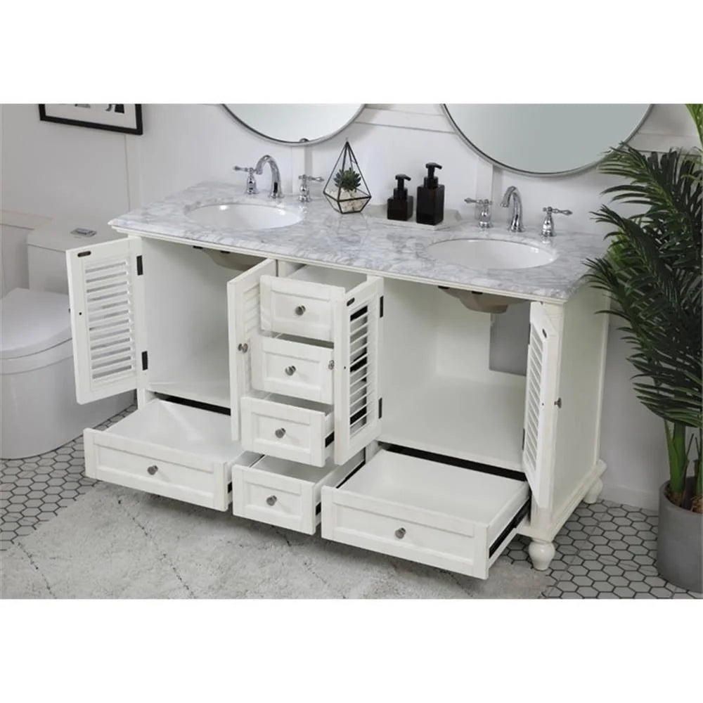 Meuble-lavabo double élégant de 60 pouces pour salle de bain, blanc antique