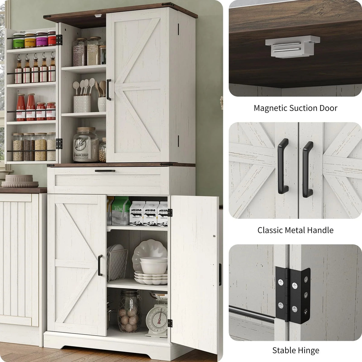 FUSOU Armoire de rangement de cuisine 72'', Armoire haute avec 8 étagères de porte, 2 placards et 1 tiroir, Meuble autoportant pour cuisine, salle à manger, salle de bain, buanderie