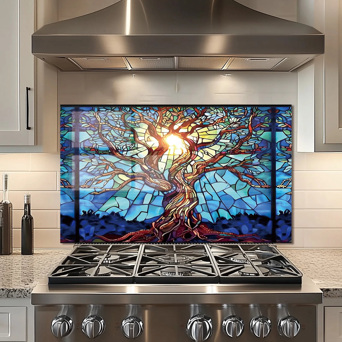 Crédence en verre trempé motif Arbre de vie en mosaïque pour cuisine derrière la cuisinière, cache supérieur pour cuisinière, crédence en verre facile à nettoyer, pare-éclaboussures pour évier, décoration murale de cuisine pour la maison