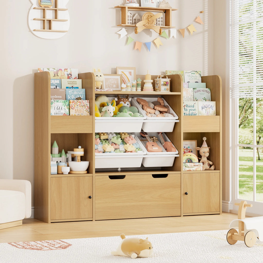 Hiphuta Bibliothèque et Meuble de Rangement pour Jouets pour Enfants, Organisateur en Bois avec 4 Paniers et 2 Tiroirs Amovibles pour la Maison et la Chambre, Étagère à Livres pour Enfants avec Bac à Jouets et Support à Livres, Blanc