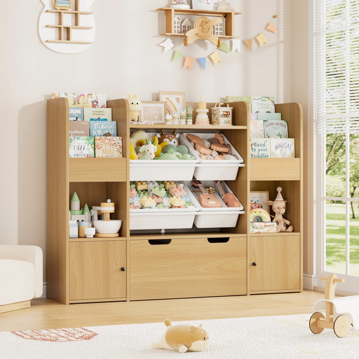 Hiphuta Bibliothèque et Meuble de Rangement pour Jouets pour Enfants, Organisateur en Bois avec 4 Paniers et 2 Tiroirs Amovibles pour la Maison et la Chambre, Étagère à Livres pour Enfants avec Bac à Jouets et Support à Livres, Blanc