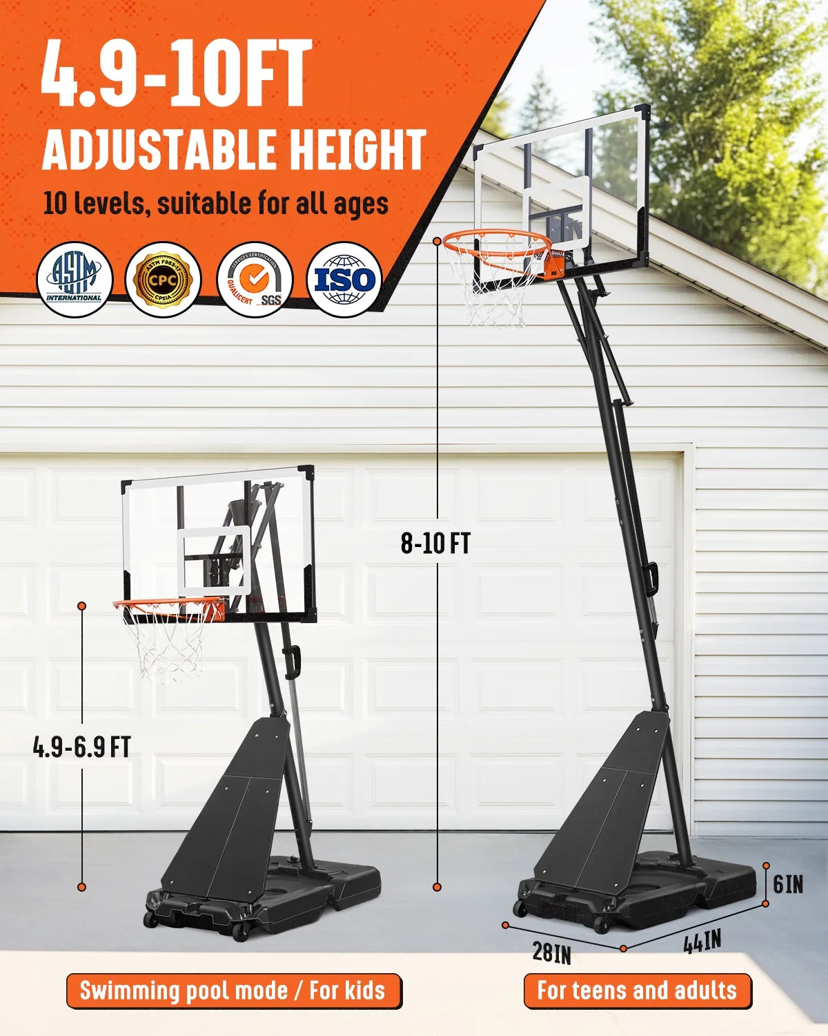 Panier de basketball Seray réglable en hauteur de 4,8 à 10 pieds pour enfants/adultes, panier de basketball portable avec panneau de 44 pouces et 2 roues pour sports en extérieur/intérieur