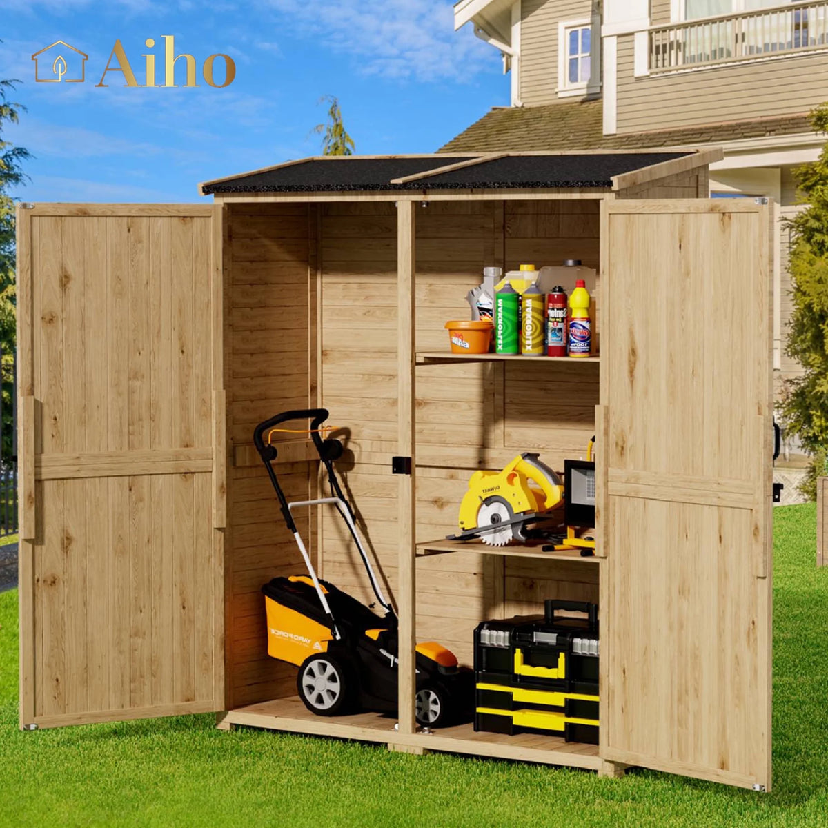 Abri de rangement extérieur large Aiho 55 avec portes doubles verrouillables - Abri de jardin résistant aux intempéries pour terrasse, jardin et pelouse, gris