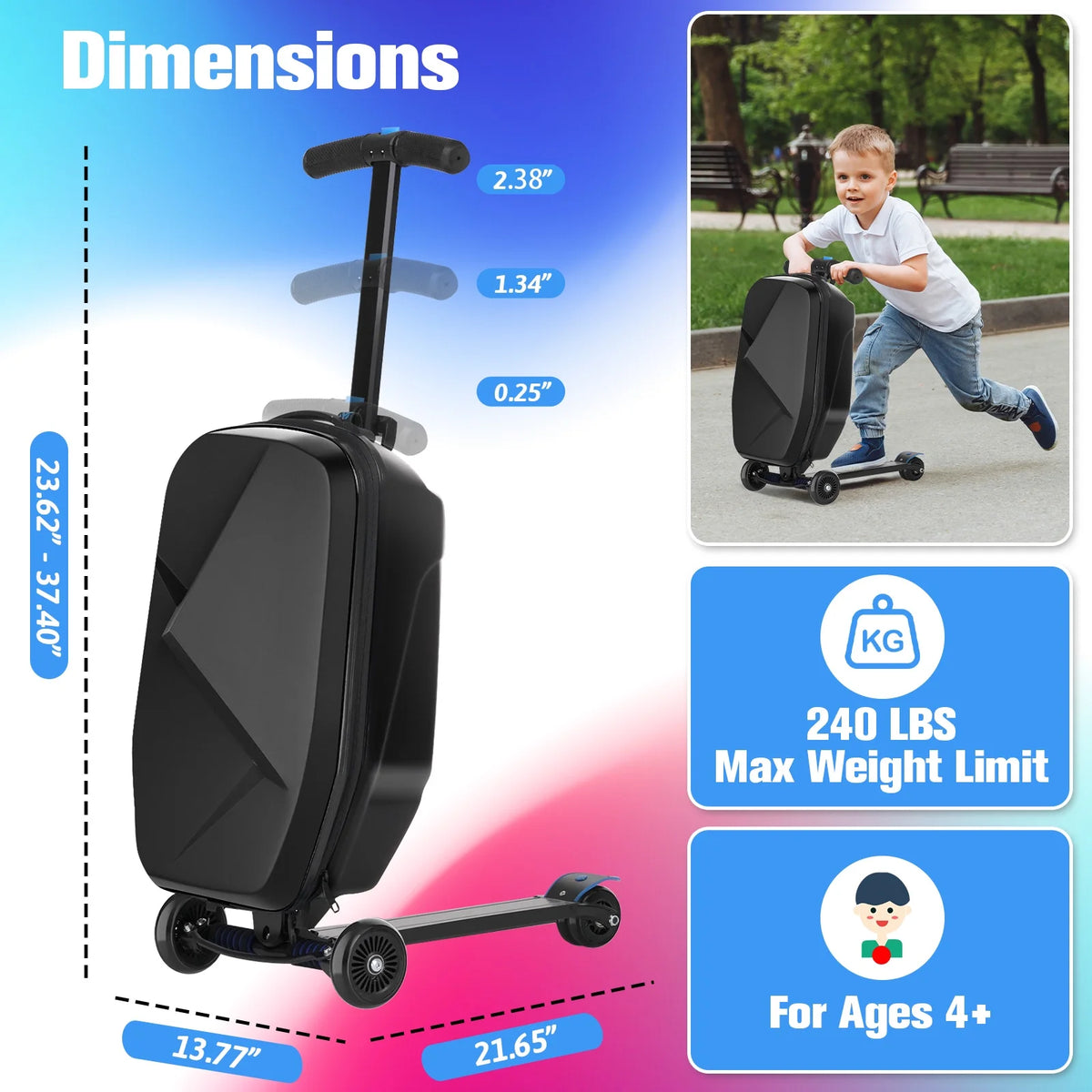 Valise à roulettes Advwin pour enfants et adultes, valise rigide sur laquelle les enfants de 4 à 15 ans peuvent rouler, bagage cabine multifonction léger et pliable avec roulettes, pour enfants et adolescents, rose