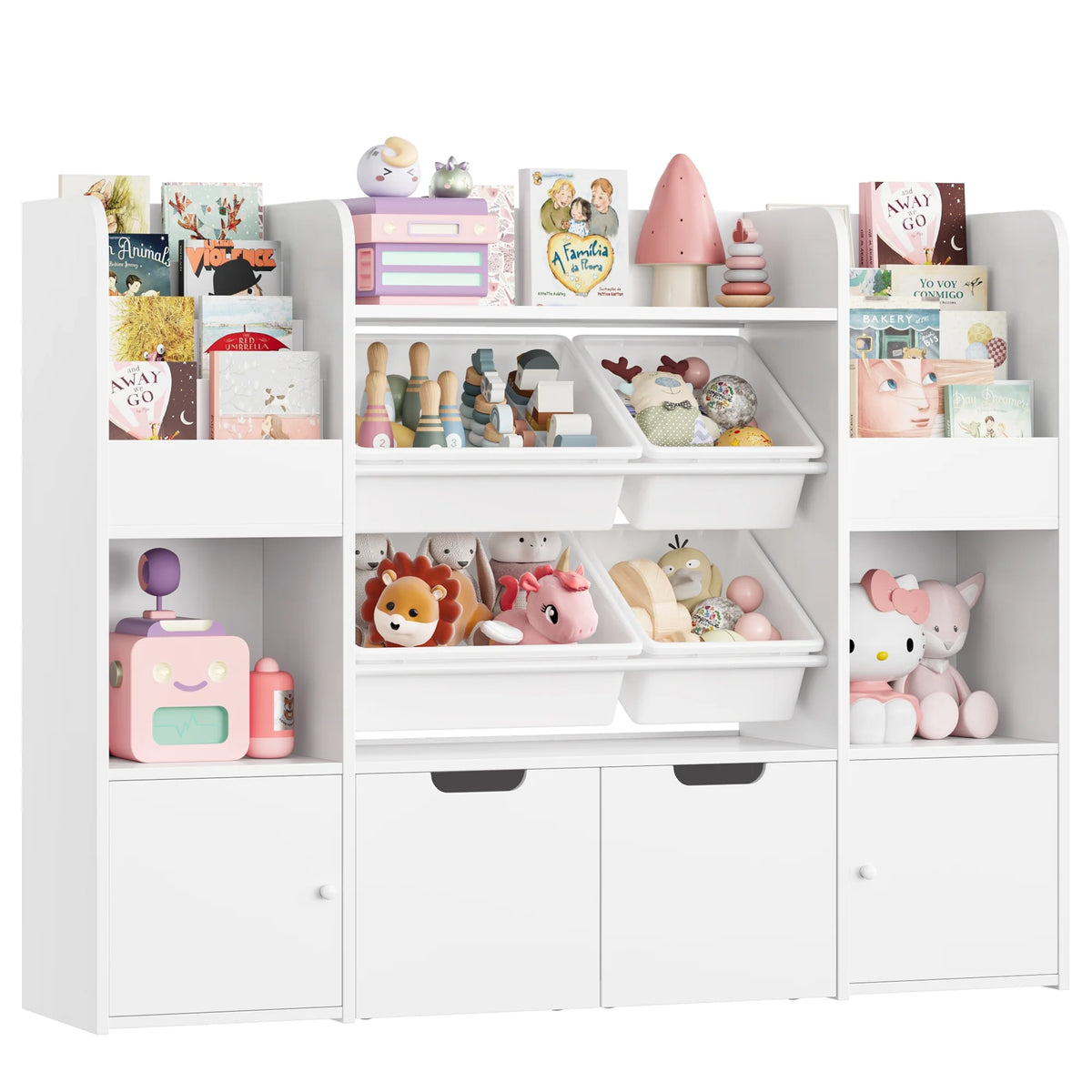 Hiphuta Bibliothèque et Meuble de Rangement pour Jouets pour Enfants, Organisateur en Bois avec 4 Paniers et 2 Tiroirs Amovibles pour la Maison et la Chambre, Étagère à Livres pour Enfants avec Bac à Jouets et Support à Livres, Blanc