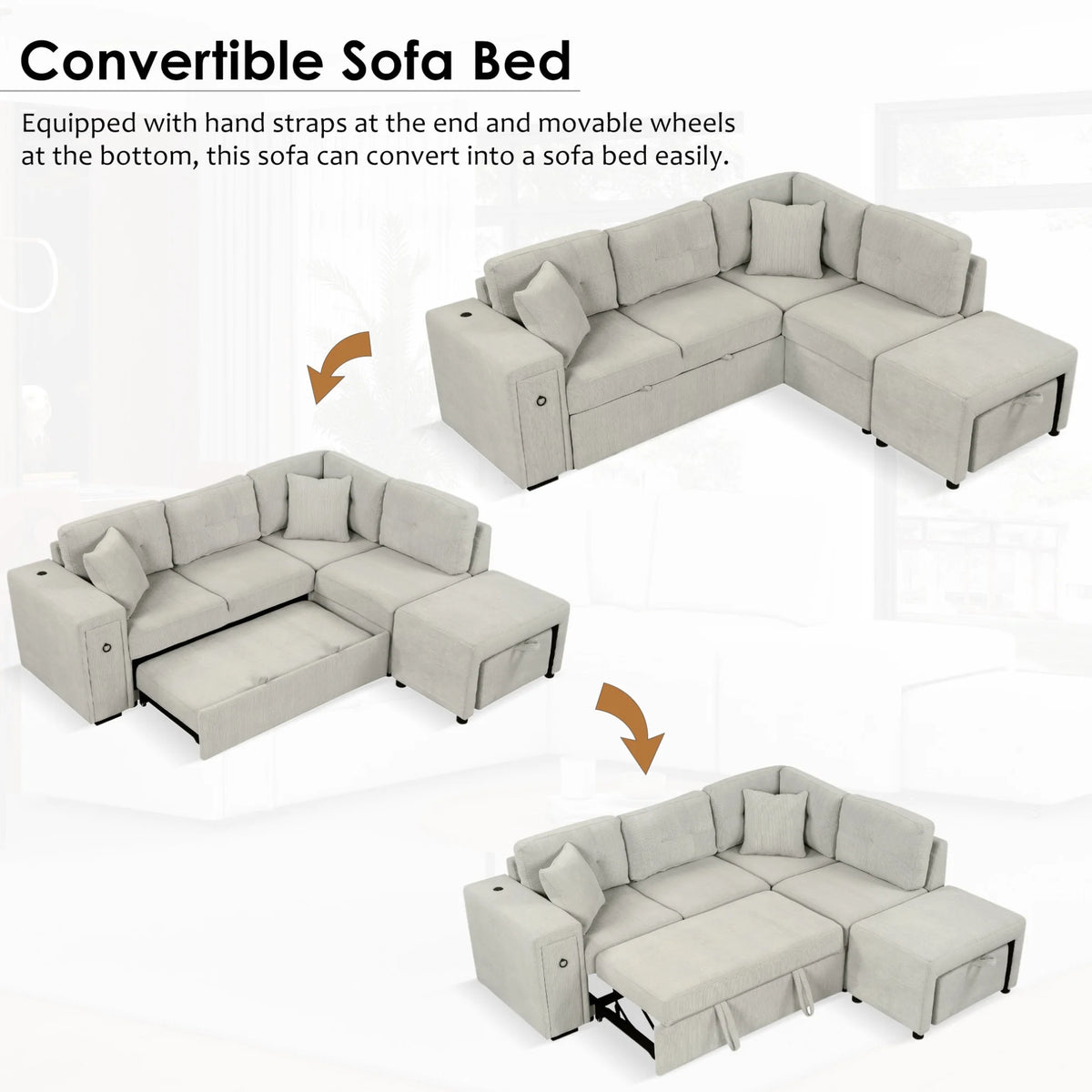 Canapé-lit modulable 87 avec lit gigogne, canapé convertible en L avec pouf, ports USB et deux porte-gobelets pour salon, appartement, chambre, gris