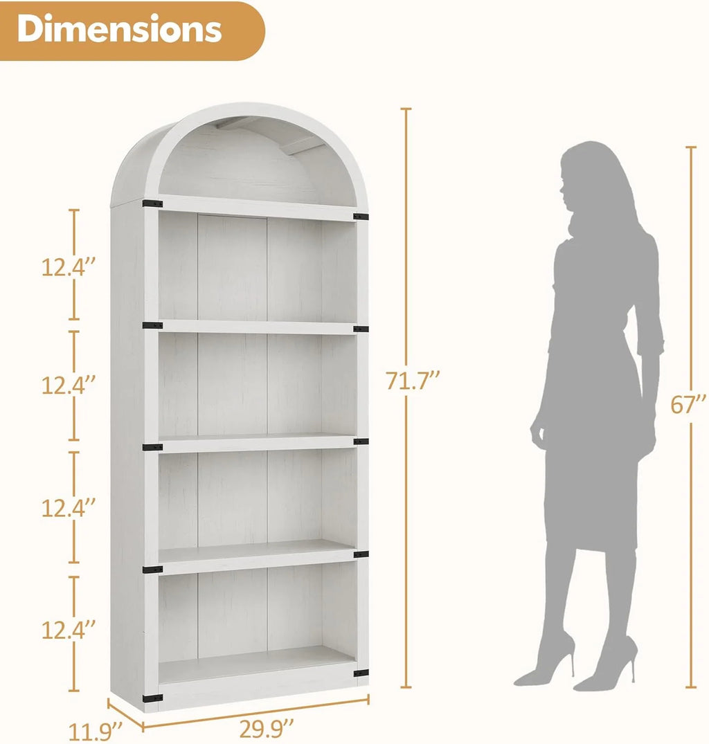 Bibliothèque à 5 étagères avec arche, 182 cm de haut, meuble de rangement et d’exposition de style rustique en bois pour bureau, salon ou maison (blanc)