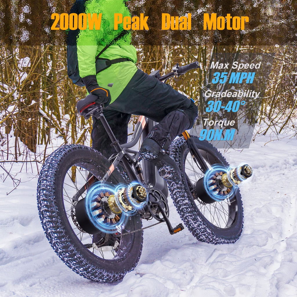 Dual Motors AWD 2000W Electric Bike for Adult 26'', UL2849 48V 60AH Removable Battery E-mountain bike 4'' Fat Tire up to 35MPH&200Miles Long Range Off Road Ebike Beach Dual Hydraulic&Brakes E-Bicycle