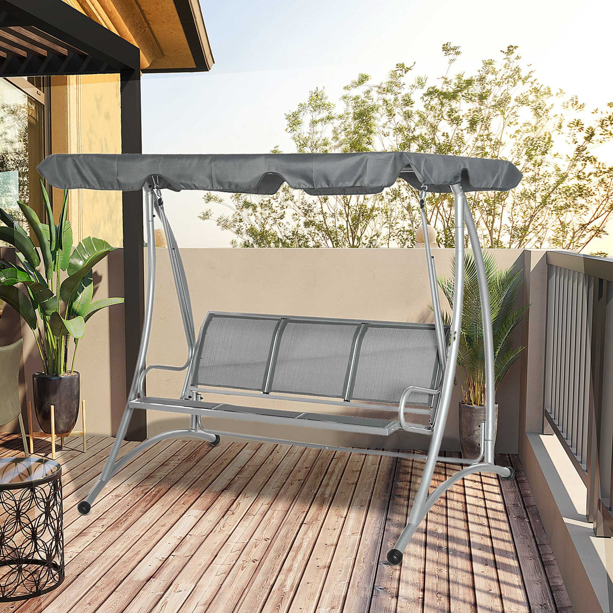 Balancelle de jardin Outsunny pour 3 personnes, balancelle de terrasse avec support et auvent réglable, banc-balancelle d'extérieur robuste pour adultes, noir