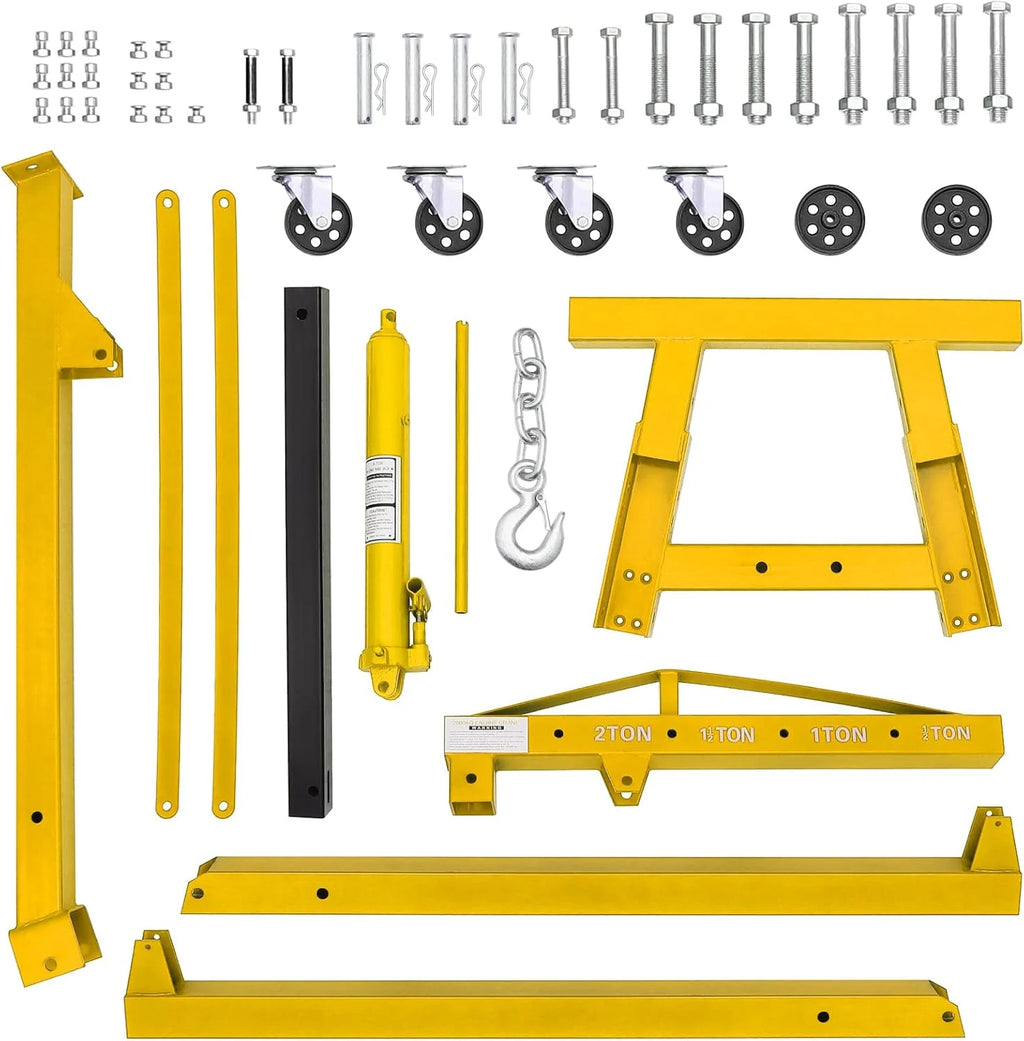 Chèvre d'atelier hydraulique pliant JoanKaren 2 tonnes, palan de levage pour moteur robuste, nacelle de levage lourde à 6 roues, jaune