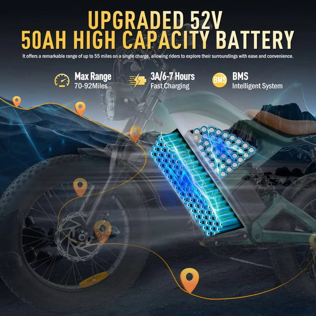 Moto tout-terrain électrique SMARTRAVEL ST202 pour adultes avec moteur de 3 000 W (crête), batterie double 52 V 50 Ah, autonomie de plus de 148 km, pneus de moto de 20 pouces, certification UL2849, suspension intégrale