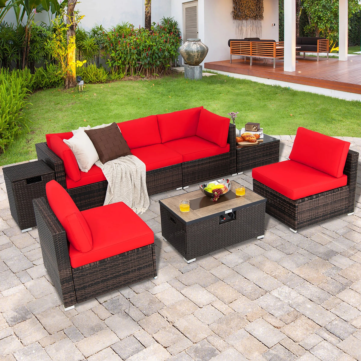 Costway Salon de Jardin en Rotin 8 Pièces avec Table Brasero et Couvercle Noir pour Terrasse