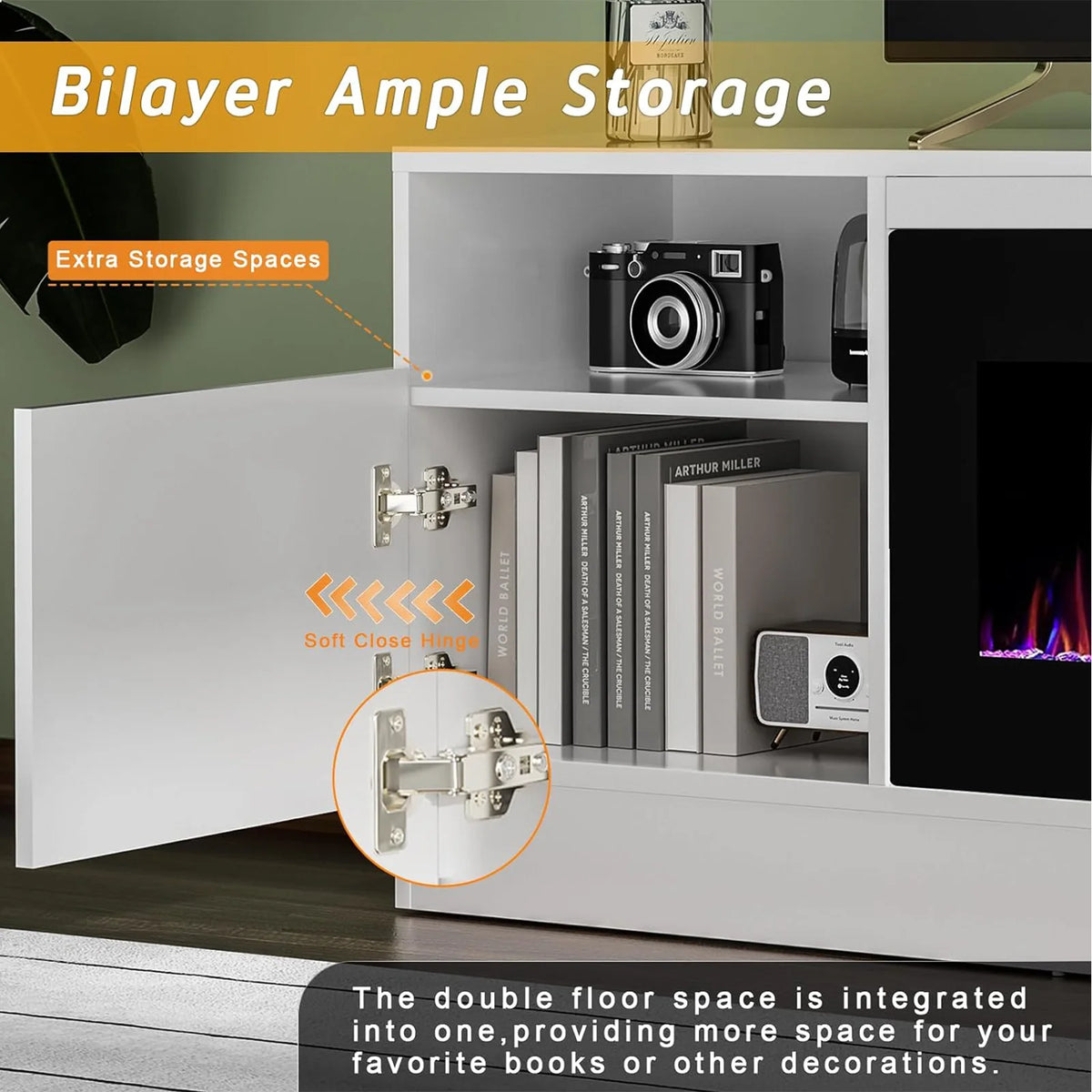 Meuble TV avec cheminée Waleaf avec cheminée électrique de 36 pouces pour téléviseurs jusqu’à 80 pouces, console multimédia moderne en bois avec meuble éclairé, blanc