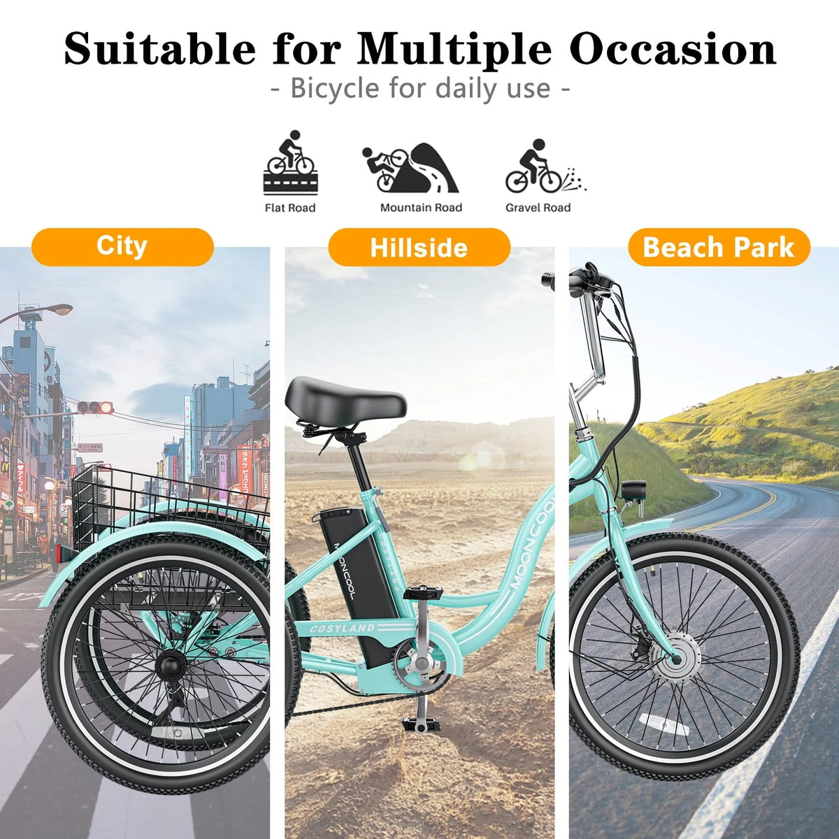 Tricycle électrique ABORON 350W, 7 vitesses, 24/26 pouces, motorisé, 3 roues, pour adultes, avec batterie au lithium 36V 10Ah certifiée UL, panier arrière