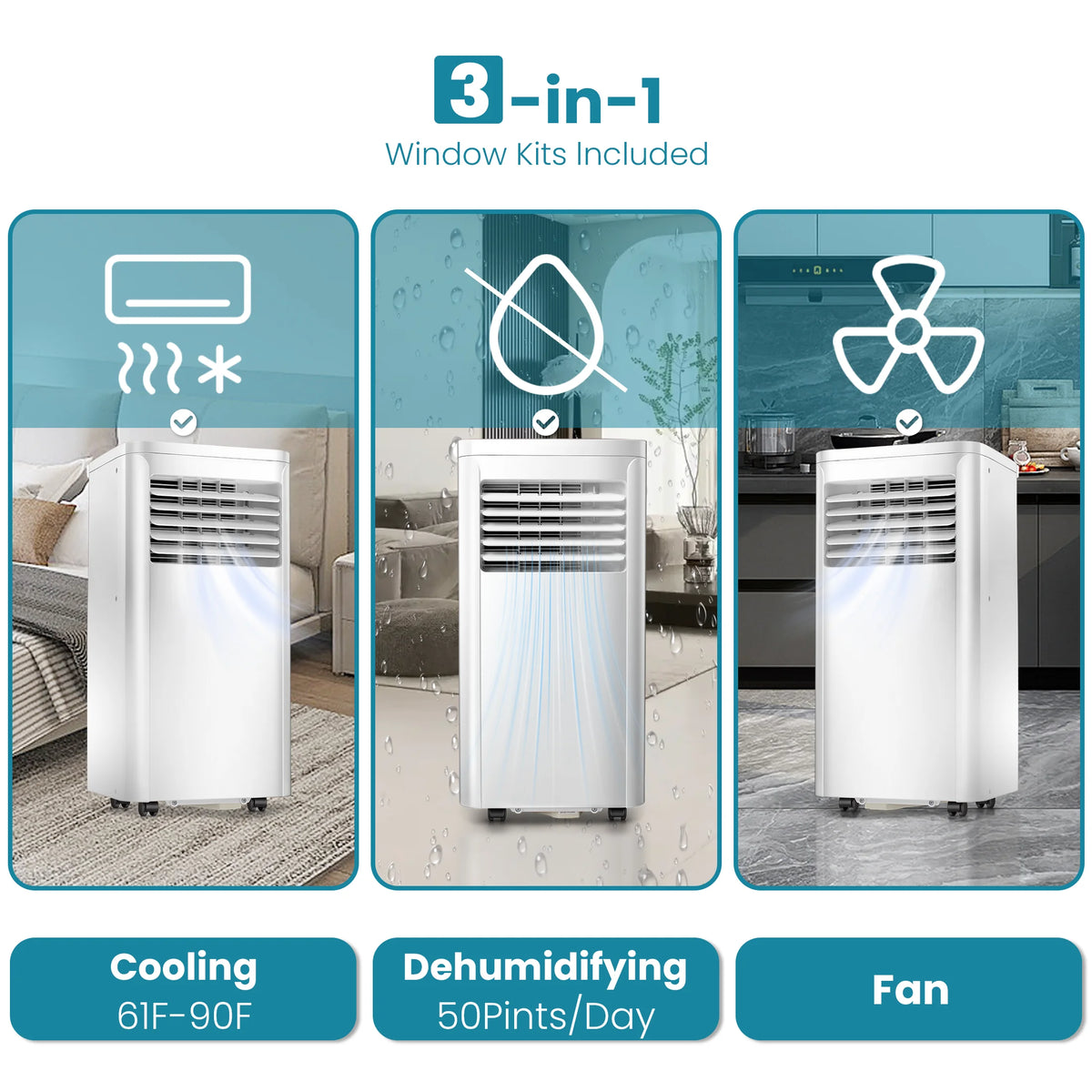 Climatiseur portable Auseo, 8 000 BTU ASHRAE, climatiseur silencieux 4-en-1 avec déshumidificateur, ventilateur, mode sommeil et filtre lavable pour des pièces allant jusqu’à 350 pi²