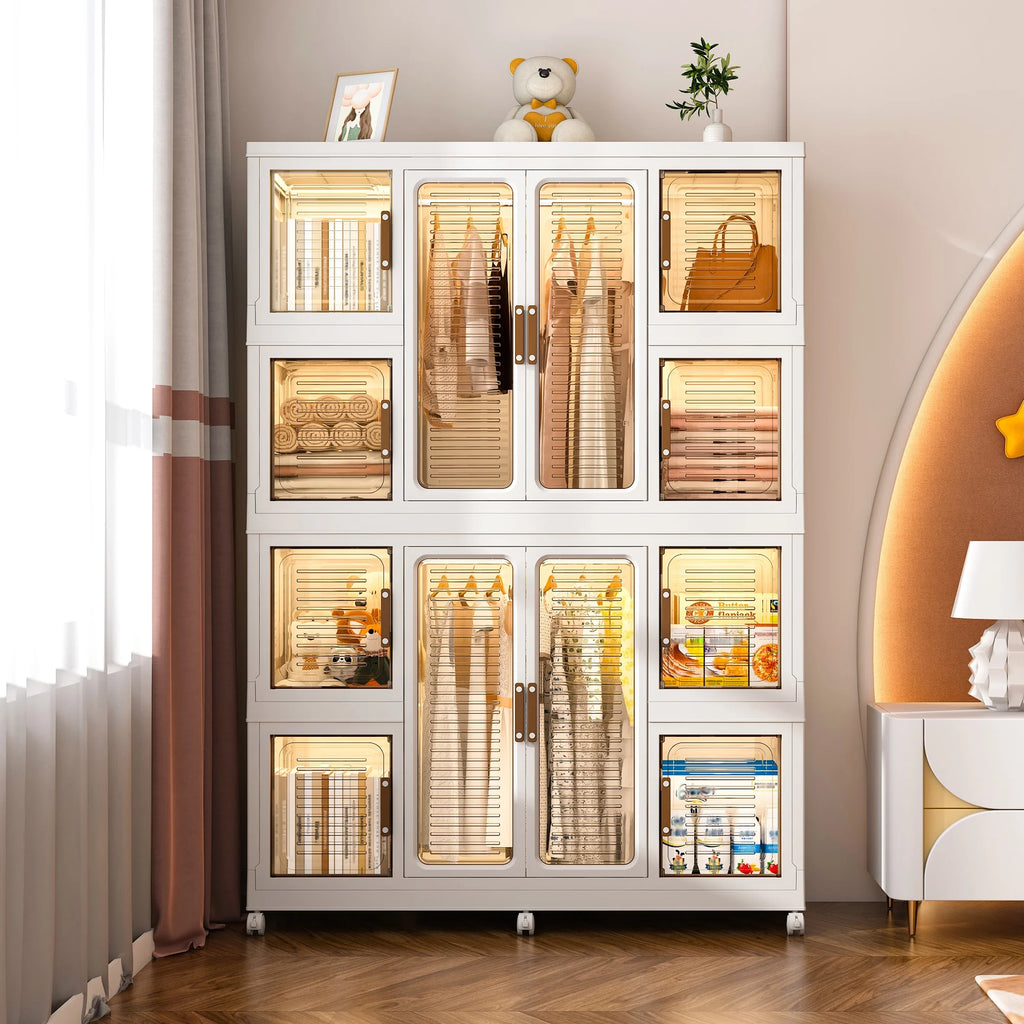 Penderie portable pour enfants Montary avec portes magnétiques et tringle – Meuble de rangement en plastique à 4 casiers pour chambre d'enfant