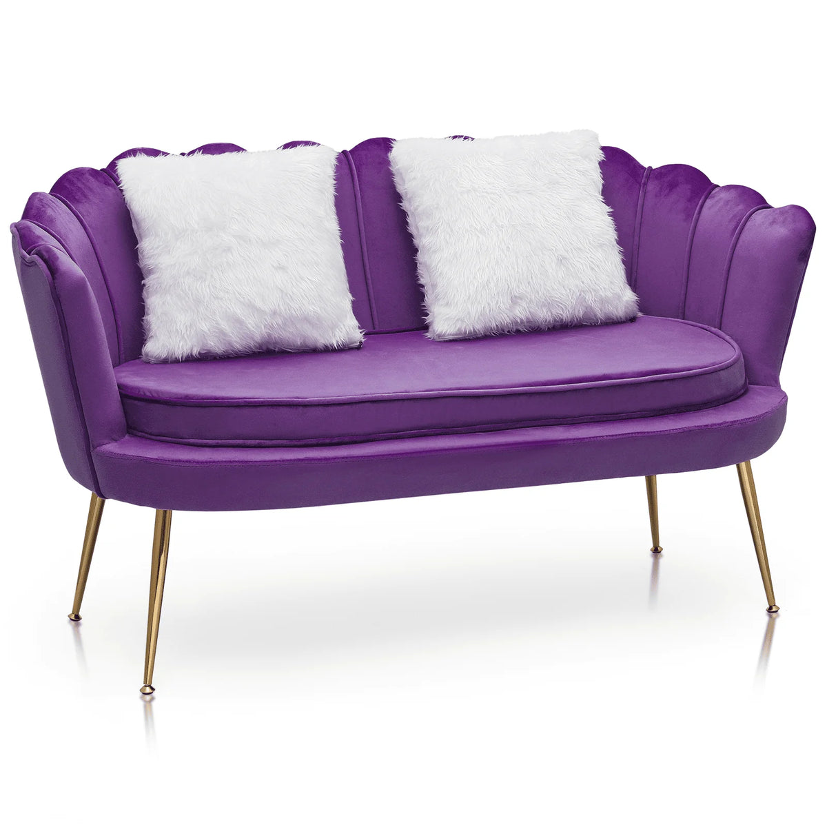 Canapé 2 places contemporain MoNiBloom en velours avec pieds en métal finition dorée, avec deux coussins pour salon, chambre, bureau à domicile, violet