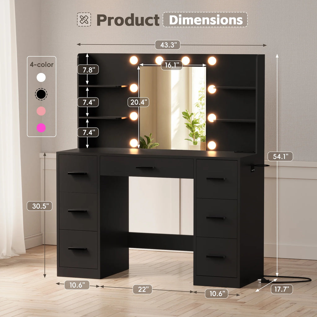 Coiffeuse Lacoo avec miroir et éclairage LED, coiffeuse de maquillage avec 7 tiroirs et 4 étagères, table de toilette avec prise électrique pour chambre ou dressing, blanc