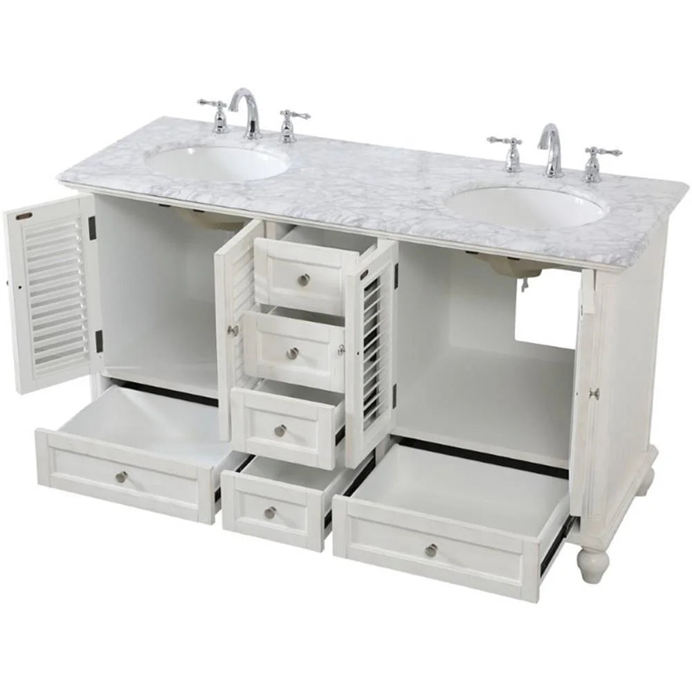 Meuble-lavabo double élégant de 60 pouces pour salle de bain, blanc antique