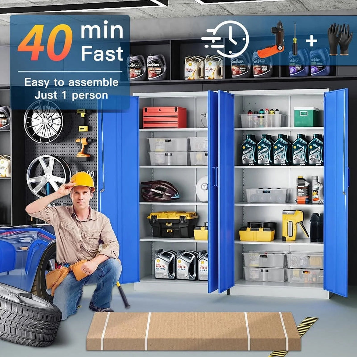 Armoire de rangement en métal Fesbos pour garage avec 2 portes et 4 étagères réglables - Classeur en acier verrouillable de 71, armoire à outils verrouillable pour bureau, maison, garage, salle de sport (Bleu)