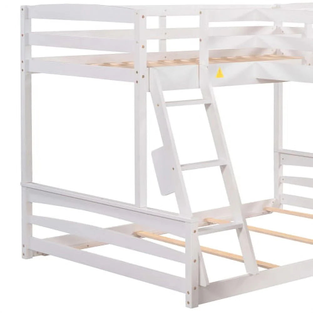 Lit superposé triple en L pour 5 personnes, lit superposé simple sur double et lit mezzanine simple avec bureau intégré, toboggan et barrière de sécurité sur toute la longueur, blanc