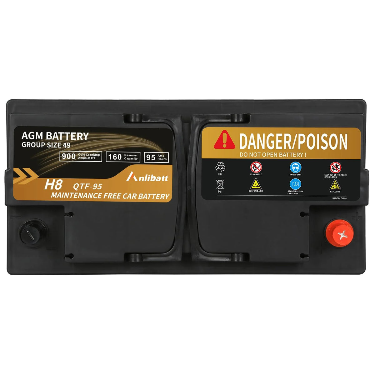 Batterie AGM Platinum Anlibatt Groupe 49, Batterie automobile rechargeable 12 volts pour voiture, H8 900CCA 95Ah 160RC