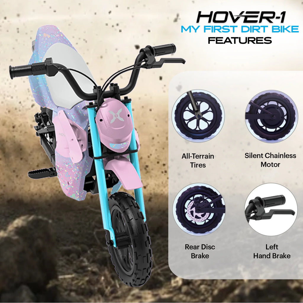Hover-1 My First Dirt Bike for Kids - 300W Motor, 9MPH Max Speed, 9 Mile Range, 12 Off-Road Tires, 120LB Max Weight, Twist Grip Throttle & Rear Disc Brake Electric Dirt Bike for Kids Ages 5+ Years