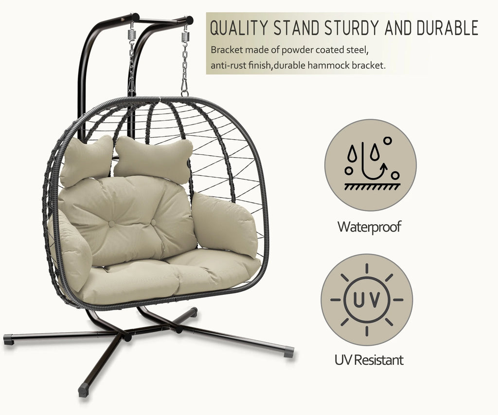 Bifanuo Fauteuil œuf balancelle double en osier, canapé suspendu pliant avec support, coussins amovibles résistants aux UV, capacité de 700 lb pour chambre, balcon (noir et beige)