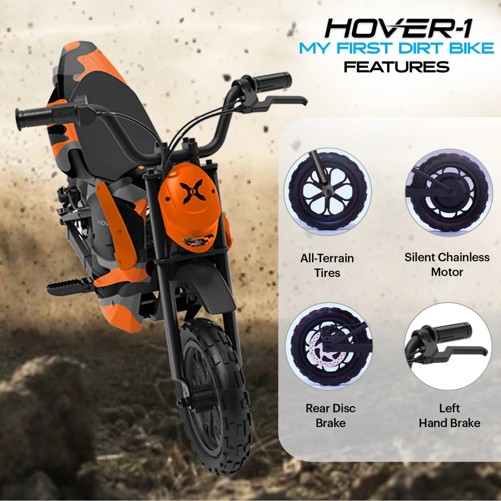 Hover-1 My First Dirt Bike for Kids - 300W Motor, 9MPH Max Speed, 9 Mile Range, 12 Off-Road Tires, 120LB Max Weight, Twist Grip Throttle & Rear Disc Brake Electric Dirt Bike for Kids Ages 5+ Years