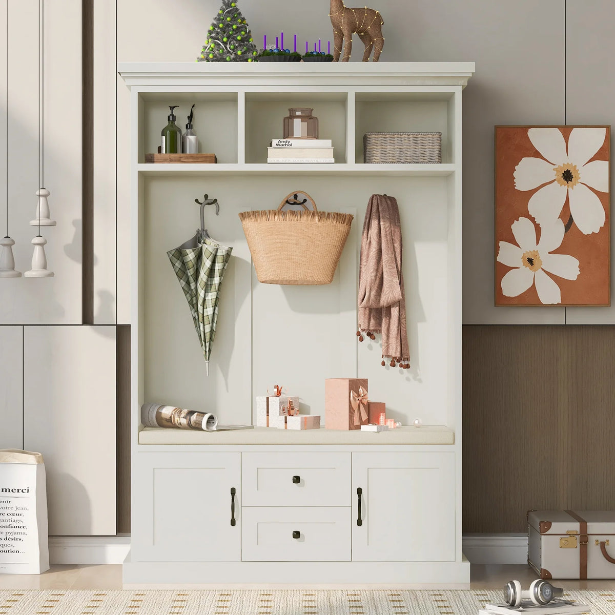 Vestiaire d’entrée avec banc rembourré et patères, banc d’entrée avec 3 crochets, 3 étagères ouvertes, 2 tiroirs et placards de rangement, banc de vestibule avec rangements et crochets pour entrée, vestibule ou couloir (beige)