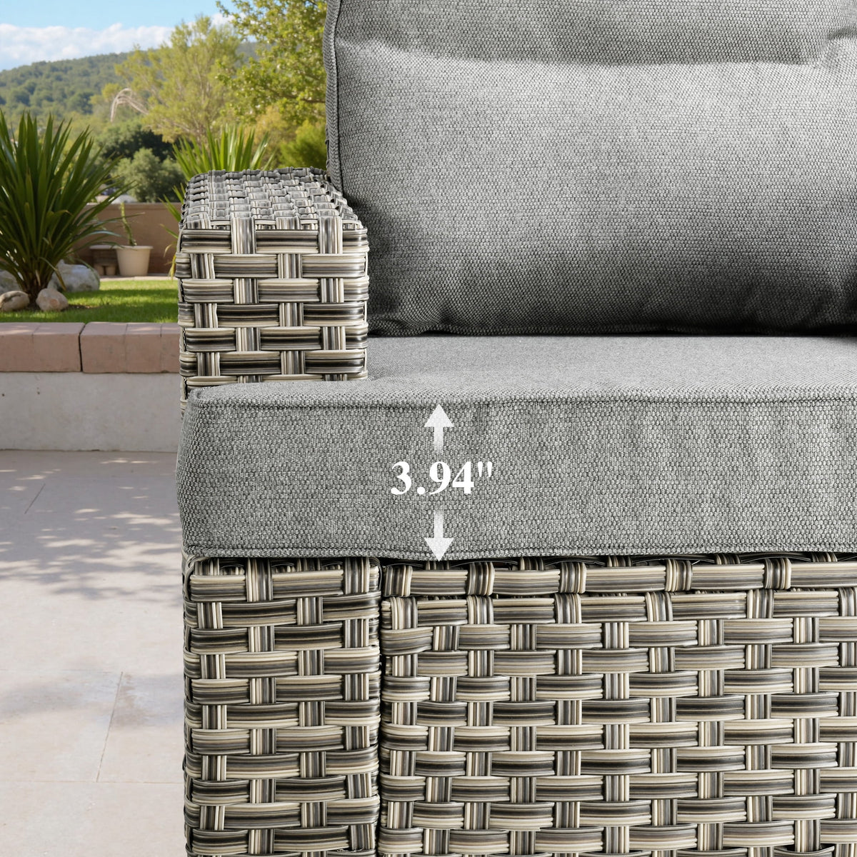Ovios Salon de jardin modulable moderne en résine tressée toutes saisons à dossier haut, 10 pièces, avec table brasero au propane et fauteuil pivotant, gris foncé