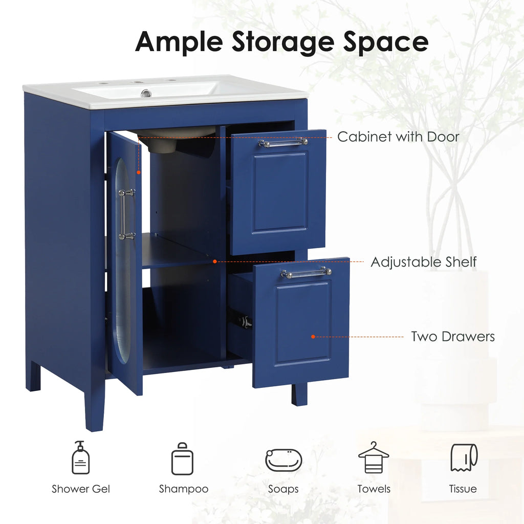 Meuble-lavabo Soges 24 avec vasque en céramique, meuble de toilette en bois massif avec porte, étagère réglable et 2 tiroirs, ensemble lavabo simple autoportant pour petite salle de bains, blanc