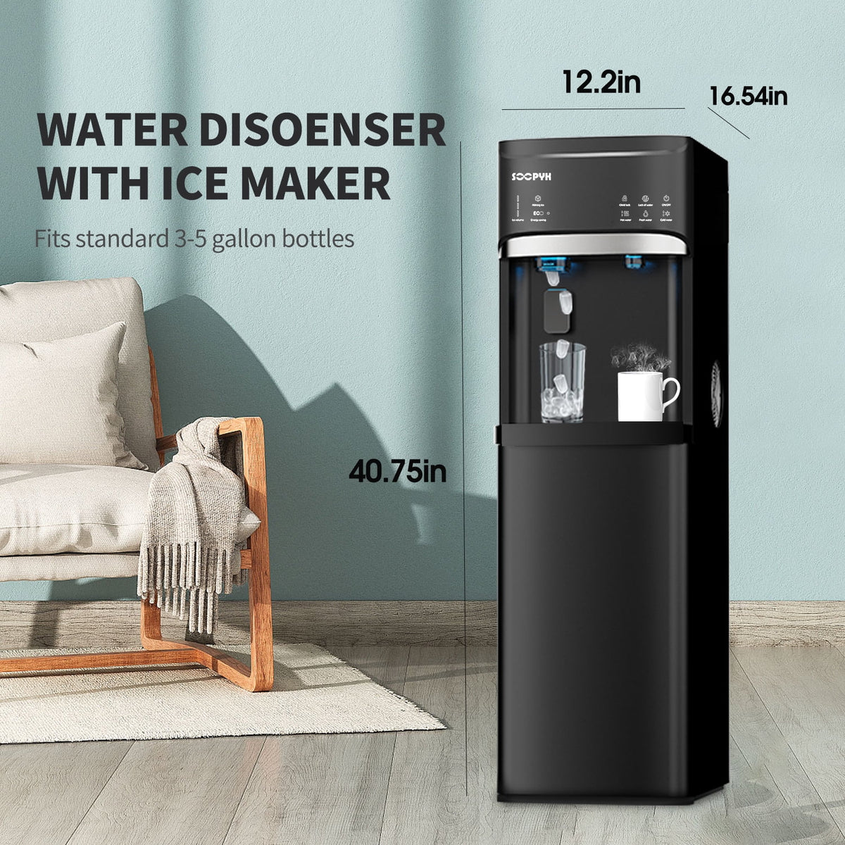 SOOPYK Distributeur d’eau chaude et froide 3-en-1 avec machine à glaçons à chargement inférieur pour bonbonne de 3 ou 5 gallons, capacité quotidienne de 22 lb, glaçons en forme de balle, noir