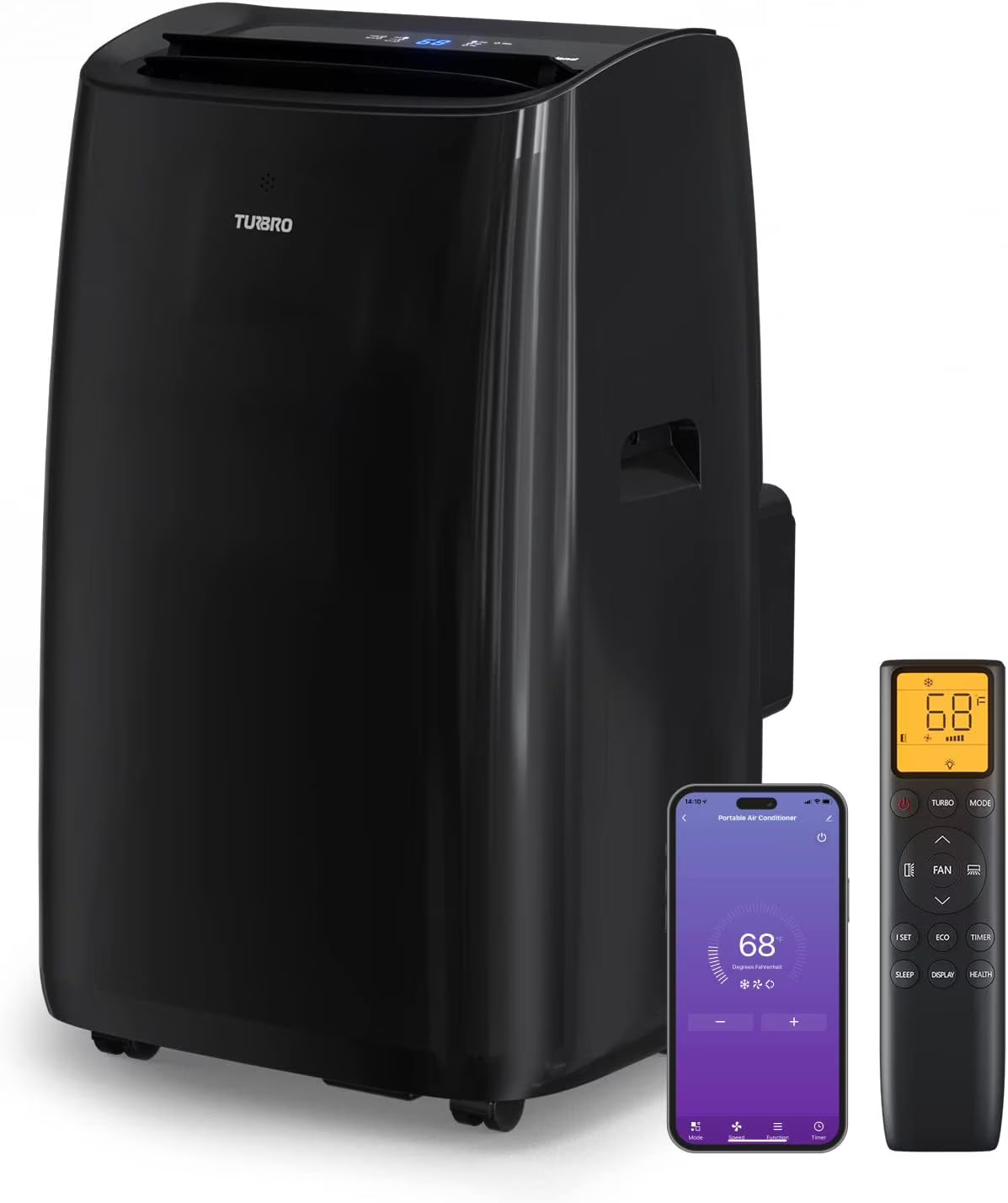 Climatiseur portable intelligent Wi-Fi TURBRO 14 000 BTU, refroidissement puissant jusqu’à 600 pi², 3 fonctions en 1 avec télécommande rétroéclairée, compatible avec la commande vocale Alexa, installation facile, série Greenland, noir