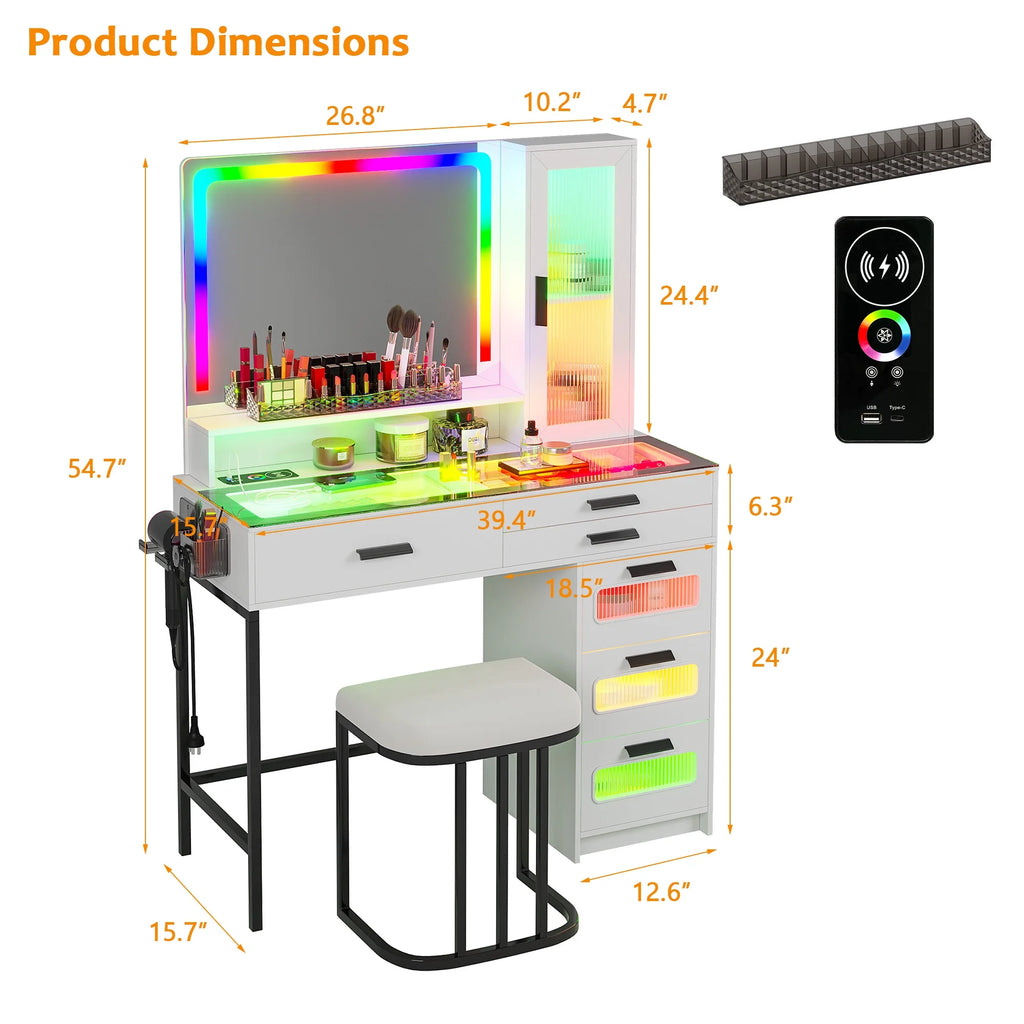 Coiffeuse HNEBC avec miroir et éclairage RGB, coiffeuse de maquillage avec plateau en verre, éclairage à détecteur automatique et charge sans fil, ensemble de coiffeuse avec tabouret rembourré, coiffeuse avec 6 tiroirs (blanc)