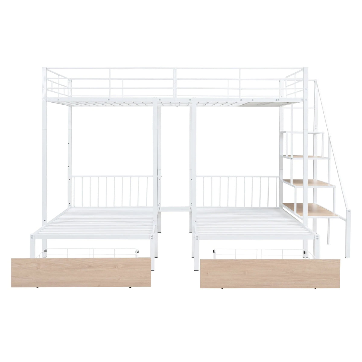 Lit superposé triple Bellemave avec escalier, lit superposé en métal avec lit double au-dessus et deux lits simples en dessous, tiroirs de rangement, robuste, pour 3 enfants, adolescents, garçons et filles (blanc)