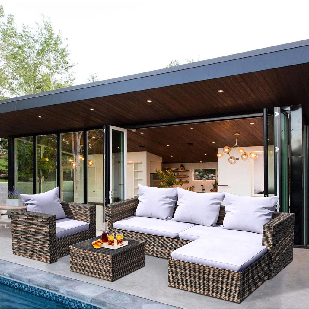 Ensemble de canapés de jardin en rotin, 4 pièces, salon d’angle d’extérieur en résine tressée PE résistante aux intempéries, ensemble de conversation avec coussins et table en verre pour terrasse, jardin, bord de piscine ou deck
