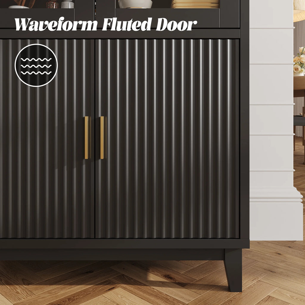 VEANERWOOD 71 Armoire haute cintrée, meuble de rangement de cuisine en bois cannelé avec 4 portes et 6 étagères pour salle à manger et salon