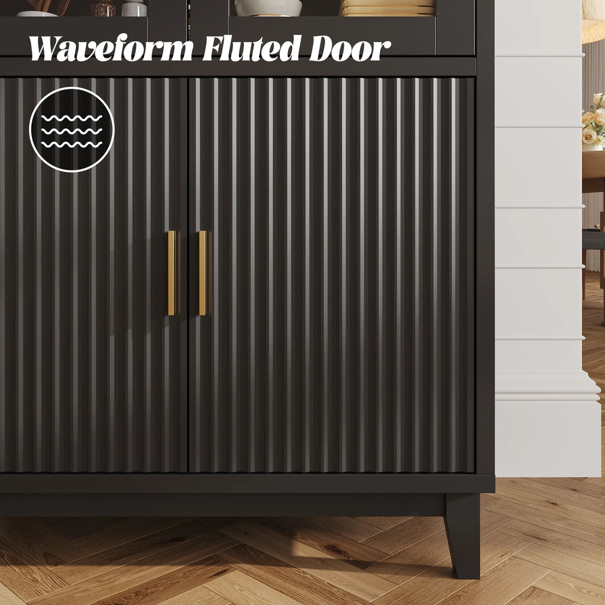 VEANERWOOD 71 Armoire haute cintrée, meuble de rangement de cuisine en bois cannelé avec 4 portes et 6 étagères pour salle à manger et salon