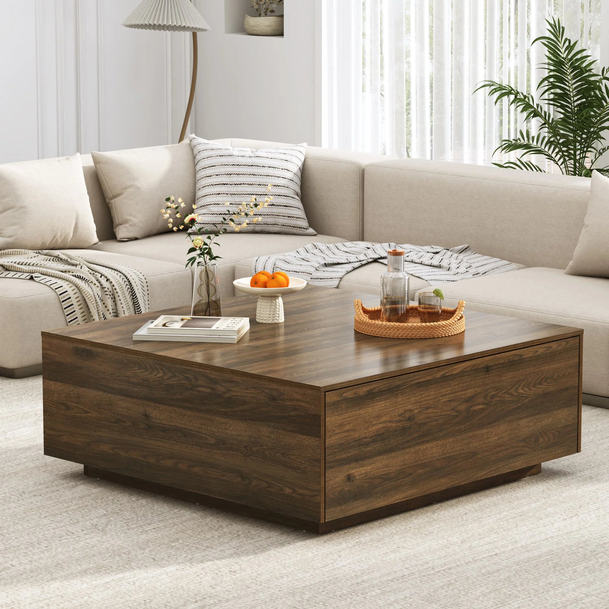 Table basse carrée Blotout avec 2 grands tiroirs, table basse Mid-Century Modern de 43 avec rangement, table basse en bois, table de salon avec rangement, grain de bois