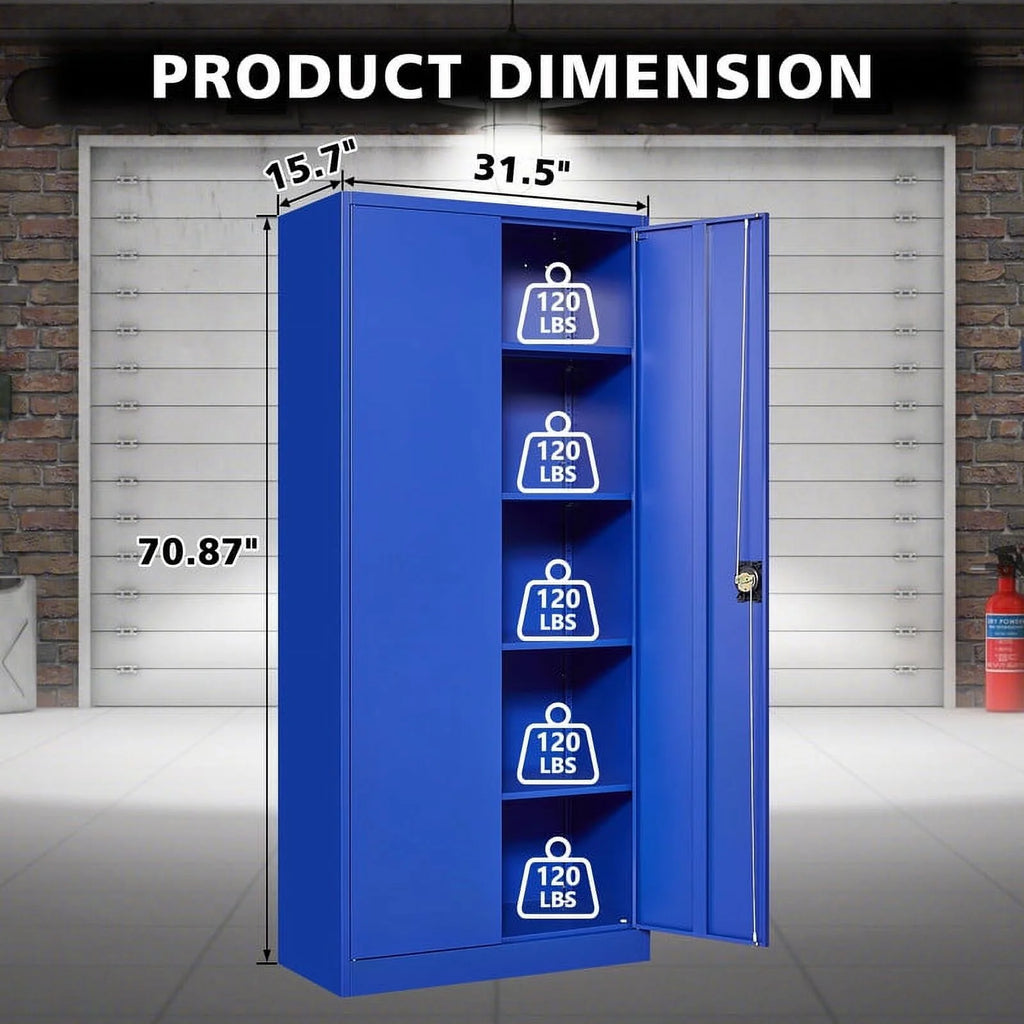 Armoire de rangement en métal Fesbos pour garage avec 2 portes et 4 étagères réglables - Classeur en acier verrouillable de 71, armoire à outils verrouillable pour bureau, maison, garage, salle de sport (Bleu)
