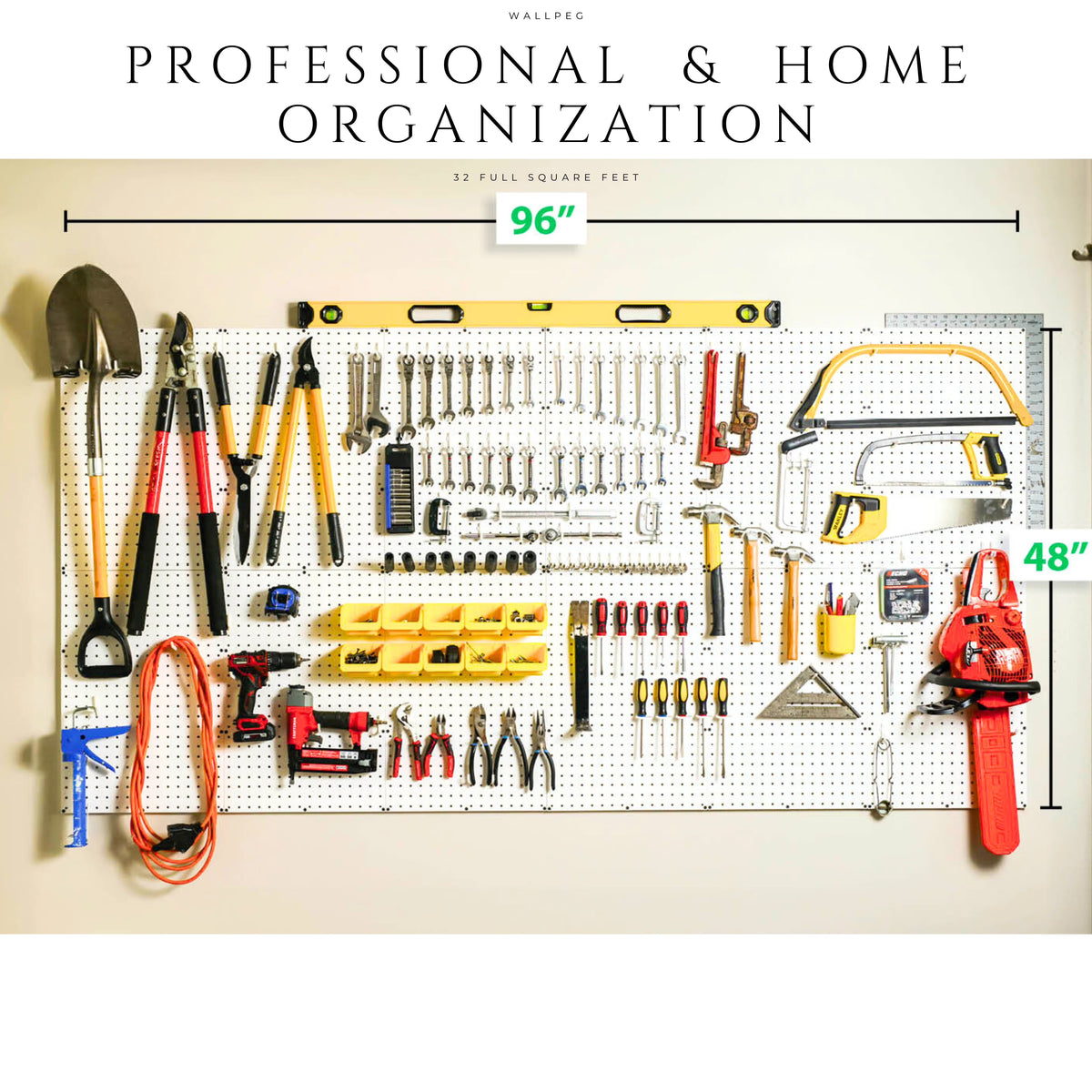 Kit d’organisateur mural à trous WallPeg - (96x32) Panneaux perforés noirs, étagères, bacs, crochets à ergots verrouillables - Rangement de garage pour outils, loisirs créatifs, établi - Fabriqué aux États-Unis