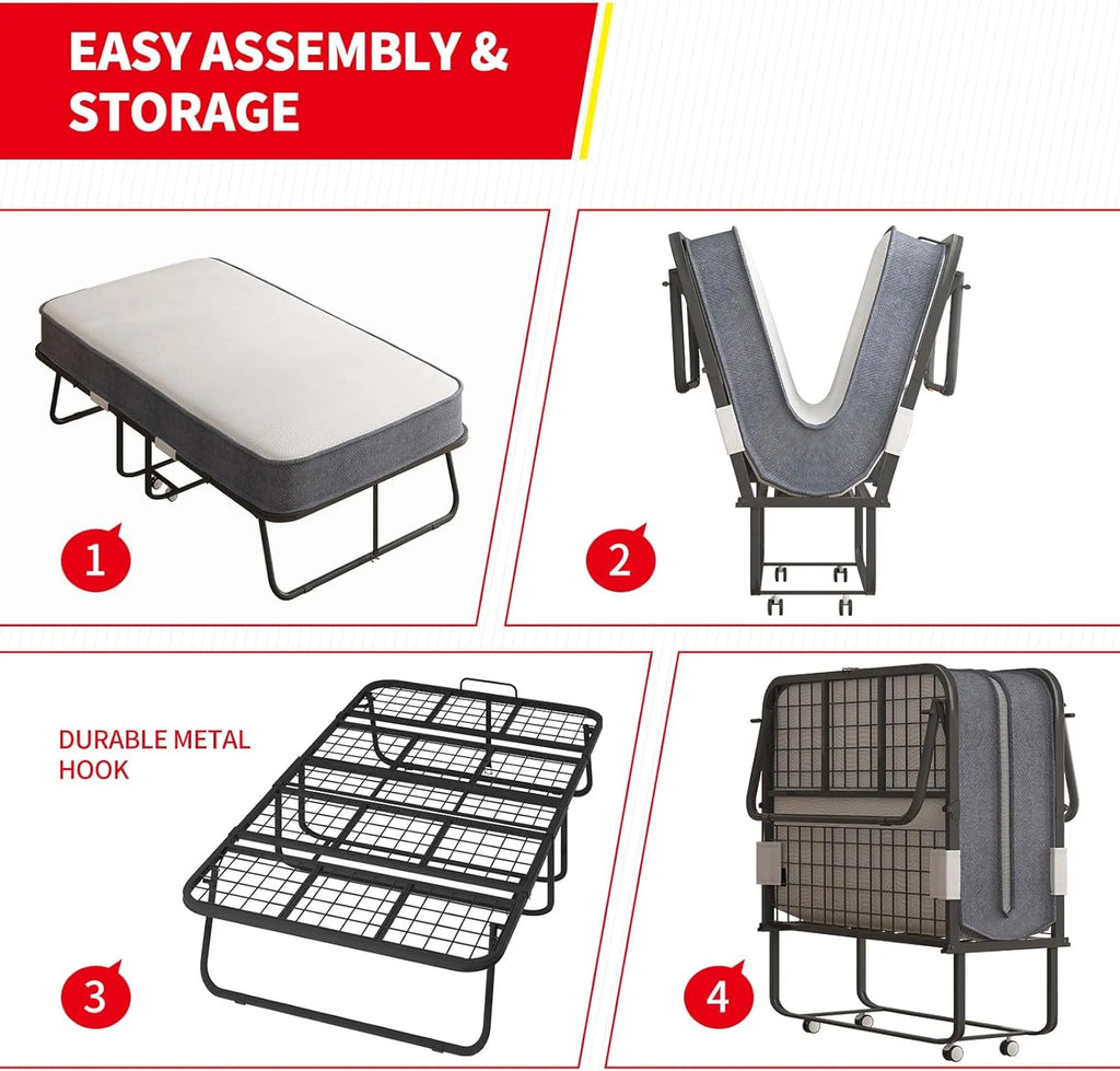 Lit pliant Puremind avec matelas en mousse de 10 cm, lit d’appoint 190 x 80 cm pour adultes, lit portable avec roulettes verrouillables, montage et déplacement faciles, standard