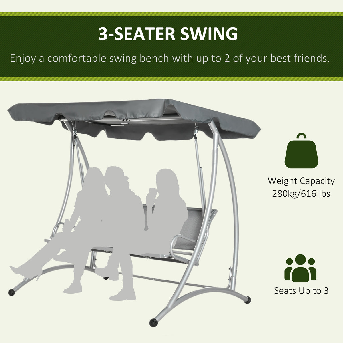 Balancelle de jardin Outsunny pour 3 personnes, balancelle de terrasse avec support et auvent réglable, banc-balancelle d'extérieur robuste pour adultes, noir