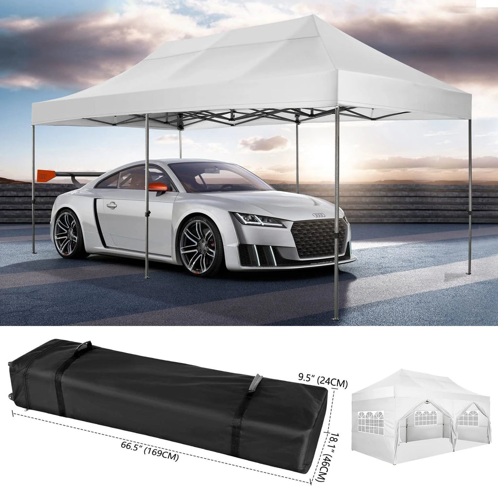 COBIZI 10'x20' Chapiteau Tente Pop-up Facile Anti-UV Imperméable Tente d'extérieur Abri instantané pour fêtes et mariages Tente-pavillon toutes saisons avec 6 parois latérales amovibles, 4 sacs de sable, sac de transport à roulettes, Blanc